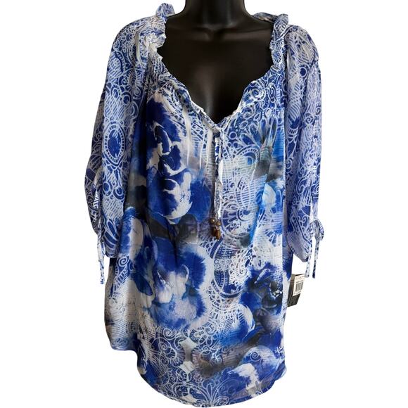 Style & Co Tops - Style & Co Women Top Blouse Size Large Short Sleeve V-Neck Blue White Floral New